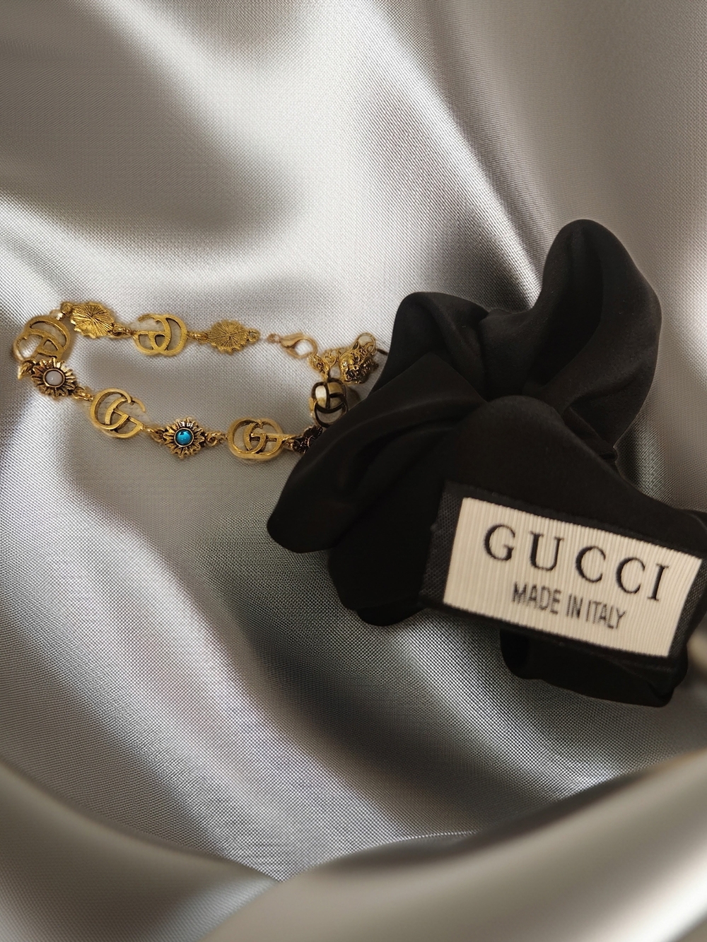 Gucci Black Scrunchie with Gold & Blue Stone Bracelet - Picture 5 of 7